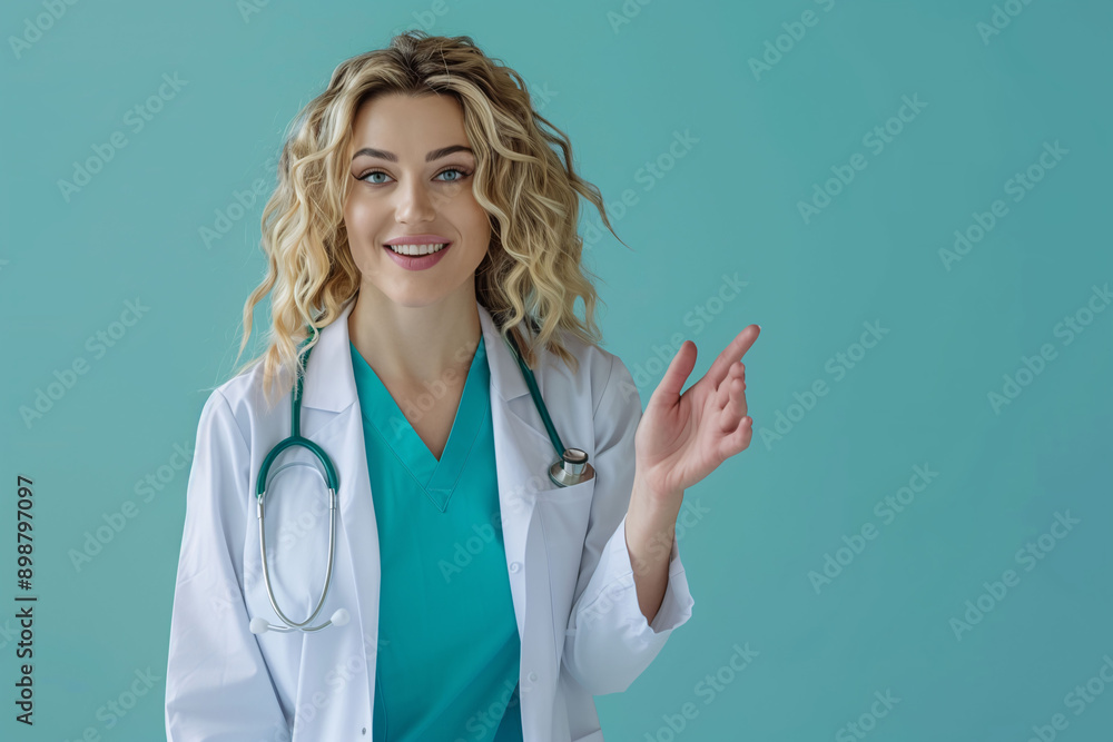 A Blond Female Doctor Healthcare Professional on blue background A Blond Female Doctor Healthcare Professional on blue background