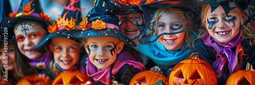 Cheerful children in Halloween costumes celebrating among pumpkins at a party