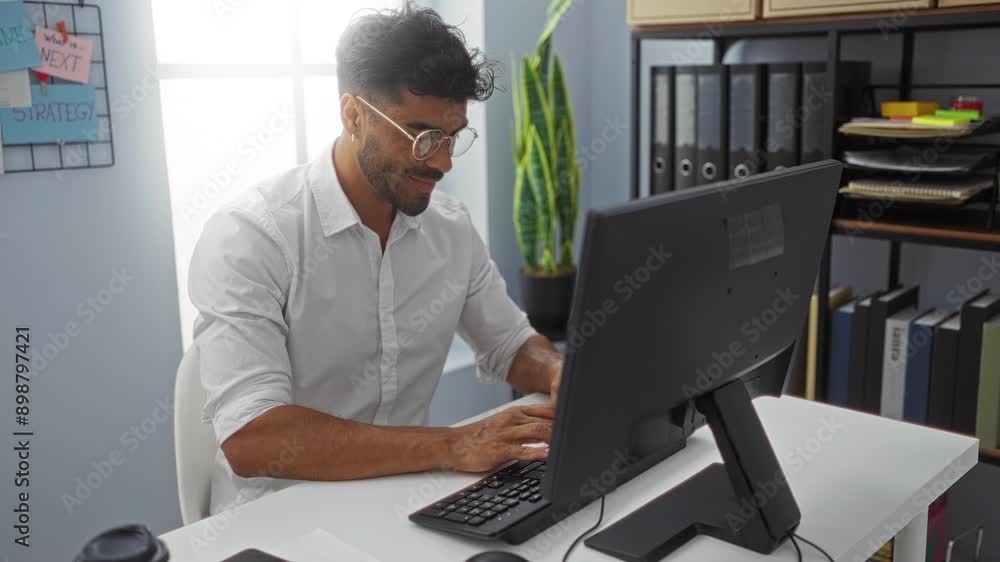 Young hispanic man working in an office setting typing on a computer and expressing excitement in a modern workplace Young hispanic man working in an office setting typing on a computer and expressing excitement in a modern workplace