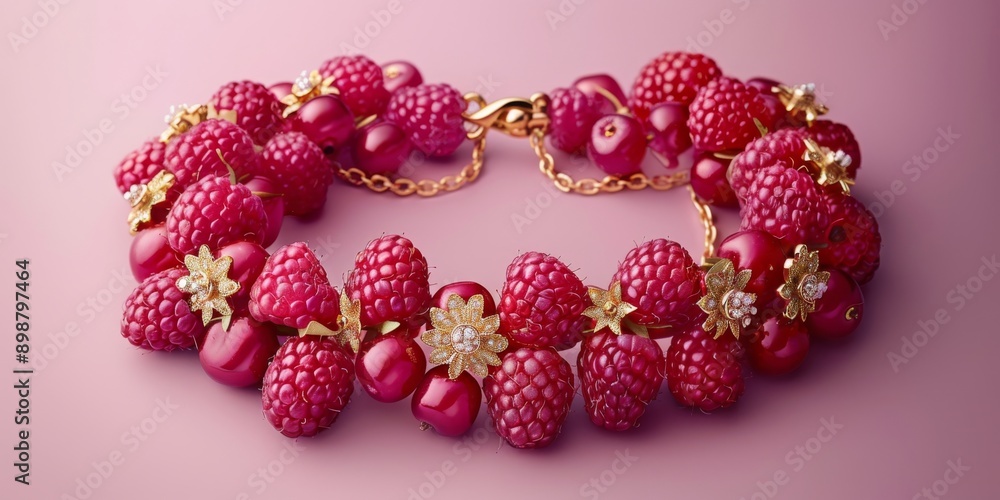 Close-up of a gold bracelet decorated with raspberries and golden flower ornaments on a pink background. Jewelry photography Close-up of a gold bracelet decorated with raspberries and golden flower ornaments on a pink background. Jewelry photography