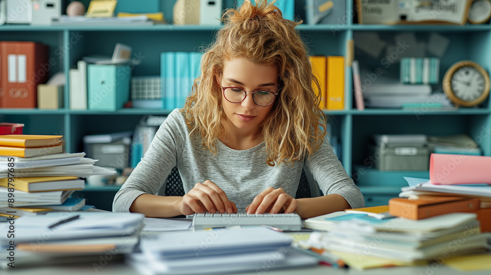 A telephoto angle photo of a secretary typing on a computer keyboard, with office documents and stationery around her, with copy space A telephoto angle photo of a secretary typing on a computer keyboard, with office documents and stationery around her, with copy space