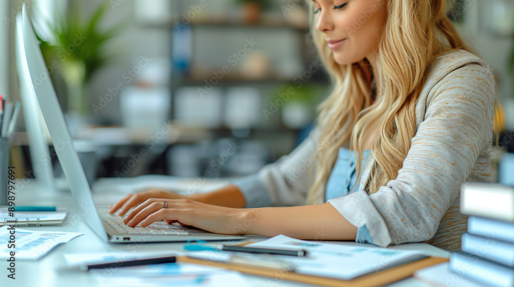 A telephoto angle photo of a secretary typing on a computer keyboard, with office documents and stationery around her, with copy space A telephoto angle photo of a secretary typing on a computer keyboard, with office documents and stationery around her, with copy space