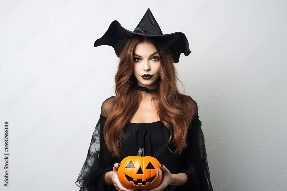 Fototapeta premium Portrait of woman in halloween costume with pumpkin on white background