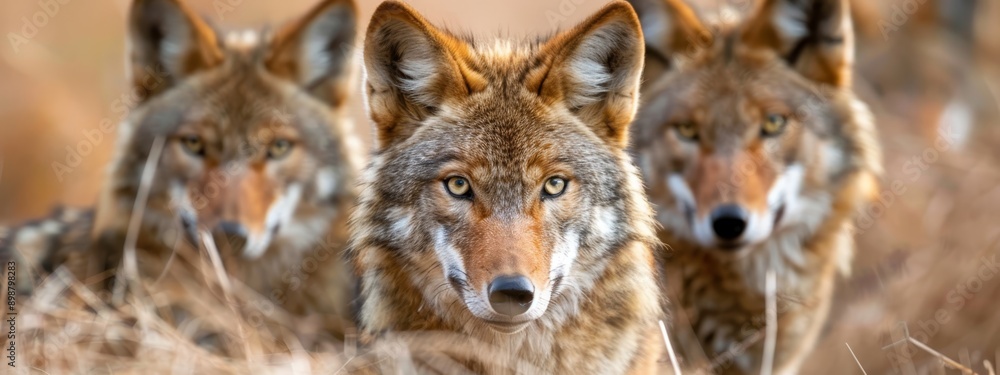 A group of gray wolves stands together on a dried grass field, gazing at the camera A group of gray wolves stands together on a dried grass field, gazing at the camera