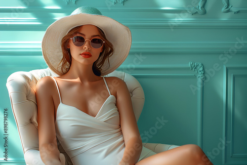 Stylish lady showcasing composure in white chair against calming light blue background.