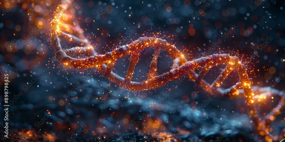 Glowing DNA strand with vibrant particles in a dark, abstract background Glowing DNA strand with vibrant particles in a dark, abstract background