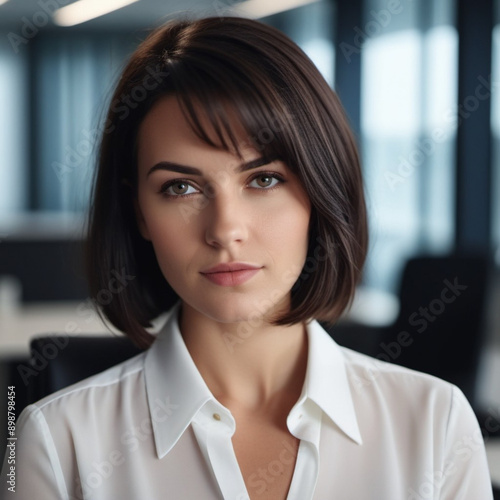 A photo of a brunette girl or young beautiful woman with brown eyes, wearing white shirt, in an office setting. Serious expression on her face. A bank employee with a bob hairstyle listens to you. AI