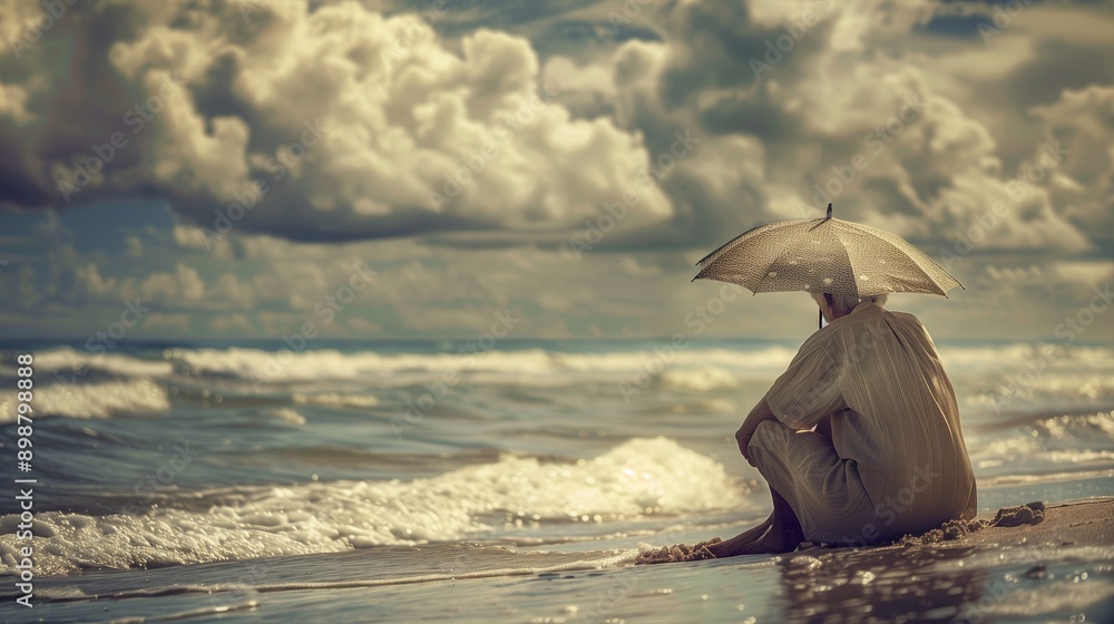 Fototapeta premium A reflective image of an old person holding an umbrell and gazing out at the sea, the waves gently lapping the shore, and a sense of calm and introspection