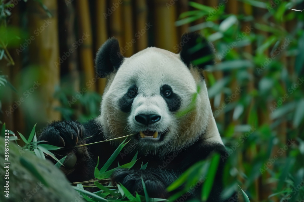 Obraz premium Giant Panda Eating Bamboo in a Natural Habitat