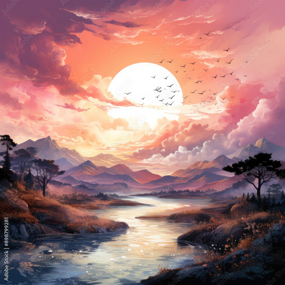 Watercolor Sparkling Sunrise, clipart Illustration, Generative Ai Watercolor Sparkling Sunrise, clipart Illustration, Generative Ai