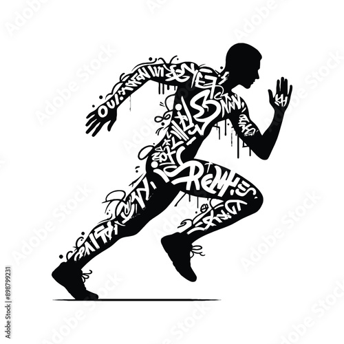 Running  male player in graffiti tags, street art pattern illustration, emblem shield badge