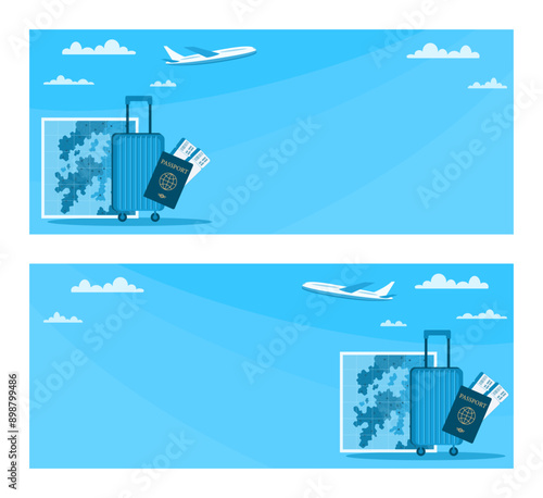 Design concept for travel, tourist trip, air travel, tourism, vacation and business trip. Luggage, suitcase, passport, tickets, map and plane. Vector banner with space for text in blue color.