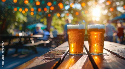 Two Glasses of Beer on Wooden Table
