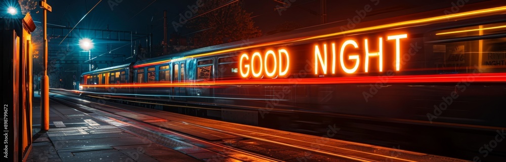 Blurred night shot of moving train with neon sign 'Good Night' at a railway station. Banner with copy space Blurred night shot of moving train with neon sign 'Good Night' at a railway station. Banner with copy space