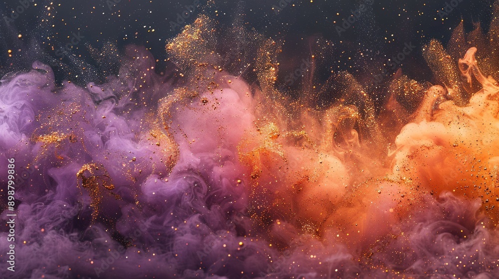A vivid cloud of smoke adorned with golden particles against a darkened backdrop featuring gold speckles A vivid cloud of smoke adorned with golden particles against a darkened backdrop featuring gold speckles