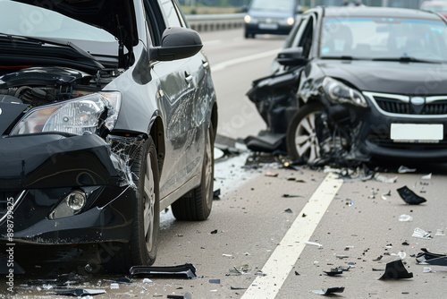 Two car accident on road in rainy day. Bad weather conditions, dangerous driving, broken car, insurance concept