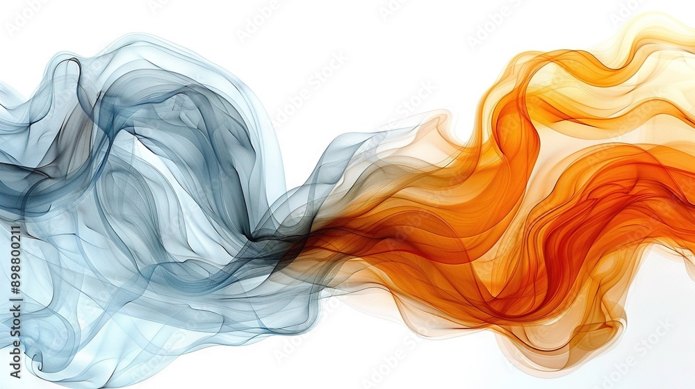 An orange and blue wave of smoke on a white background with light reflection on the left An orange and blue wave of smoke on a white background with light reflection on the left