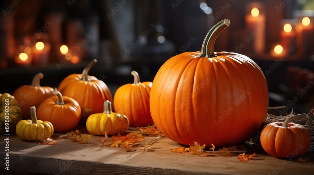 Pumpkins of various sizes and shapes arranged on a wooden table, surrounded by autumn leaves and lit candles in the background, creating a warm and festive atmosphere. Pumpkins of various sizes and shapes arranged on a wooden table, surrounded by autumn leaves and lit candles in the background, creating a warm and festive atmosphere.