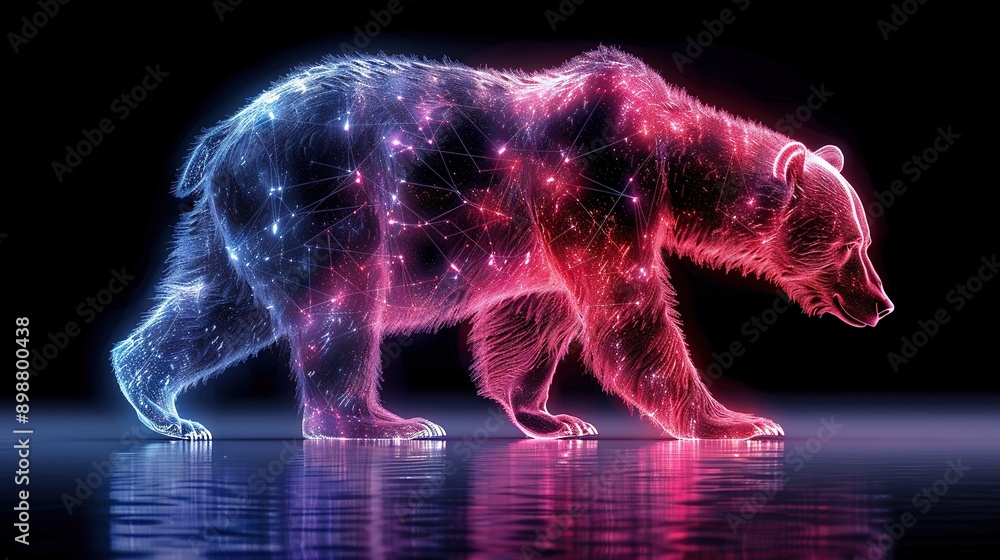 A bear with intricate markings stands in water A bear with intricate markings stands in water