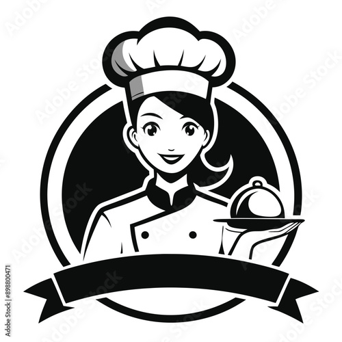 Female Chef with Dish in Hand Logo Icon Vector on White Transparent Background for Restaurant Hotel