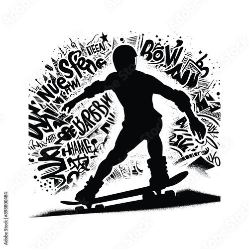Skateboarding, longboarding  male player in graffiti tags, street art pattern illustration, emblem shield badge
