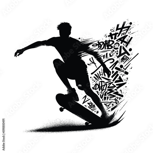 Skateboarding, longboarding  male player in graffiti tags, street art pattern illustration, emblem shield badge