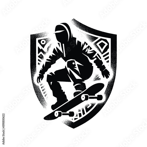 Skateboarding, longboarding  male player in graffiti tags, street art pattern illustration, emblem shield badge