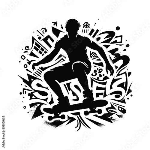 Skateboarding, longboarding  male player in graffiti tags, street art pattern illustration, emblem shield badge