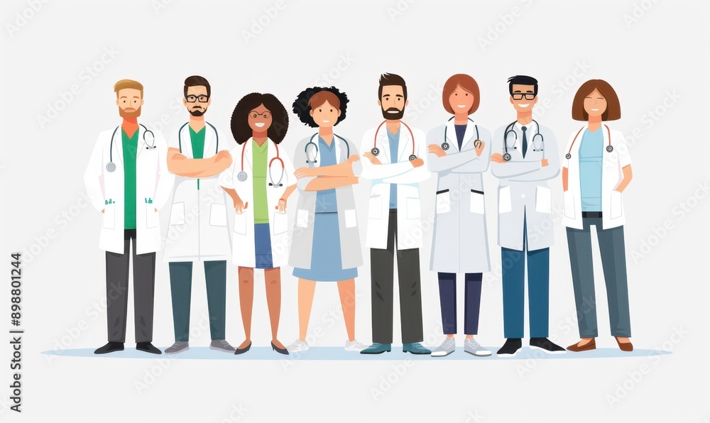Flat illustration of a group medical team with doctors and nurses standing together isolated on a white background Generative AI Flat illustration of a group medical team with doctors and nurses standing together isolated on a white background Generative AI