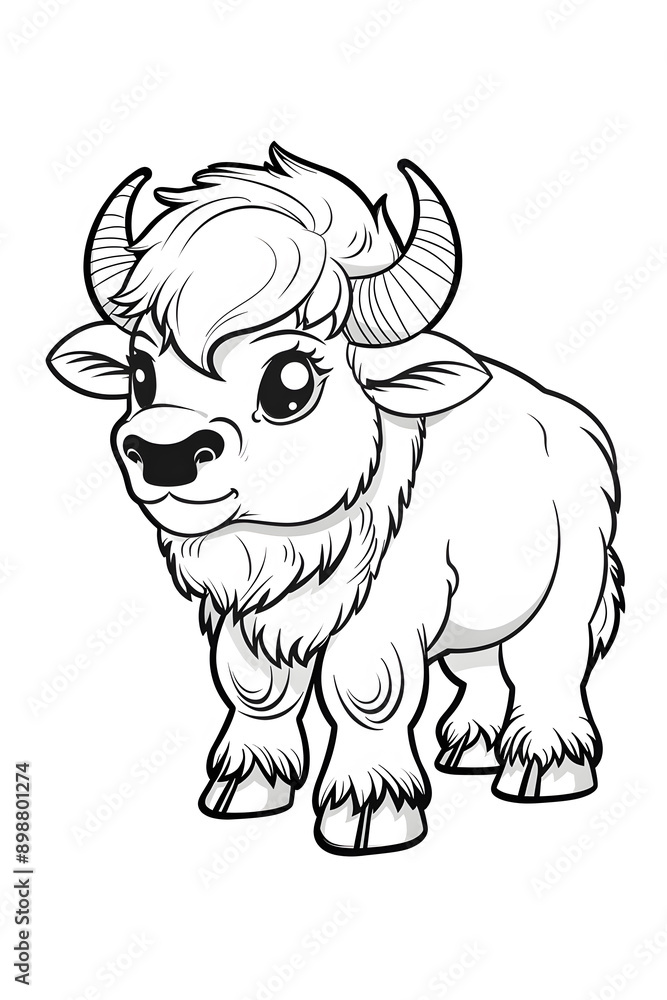 A black and white cartoon drawing of a baby bison with hair standing on a white background. It has a happy expression with large eyes, ears, and a cute jaw gesture. It is a working animal A black and white cartoon drawing of a baby bison with hair standing on a white background. It has a happy expression with large eyes, ears, and a cute jaw gesture. It is a working animal