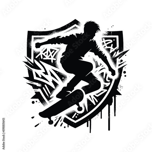 Skateboarding, longboarding  male player in graffiti tags, street art pattern illustration, emblem shield badge