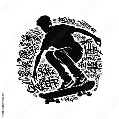 Skateboarding, longboarding  male player in graffiti tags, street art pattern illustration, emblem shield badge