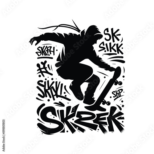 Skateboarding, longboarding  male player in graffiti tags, street art pattern illustration, emblem shield badge