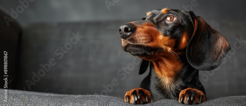 Dachshund Sitting on Couch and Looking Up