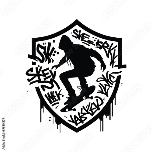 Skateboarding, longboarding  male player in graffiti tags, street art pattern illustration, emblem shield badge