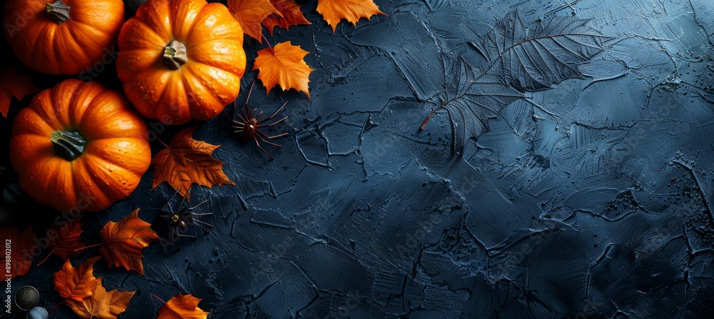top view of halloween spiders and web on dark background top view of halloween spiders and web on dark background