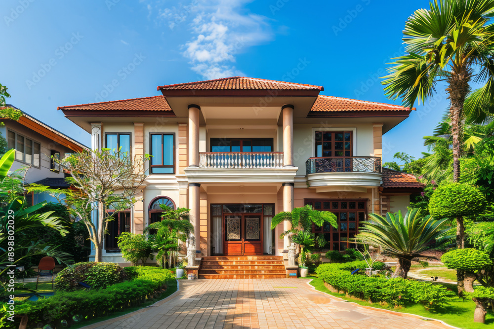 Fototapeta premium Elegant Tropical Home with Lush Garden and Classic Architecture