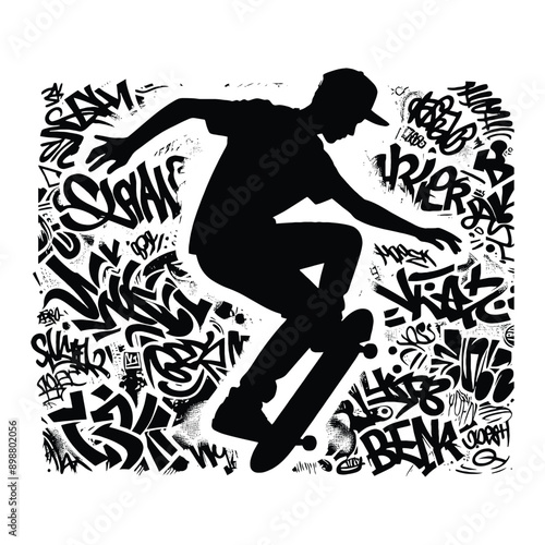 Skateboarding, longboarding  male player in graffiti tags, street art pattern illustration, emblem shield badge