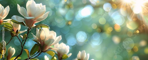 White Magnolia Blossoms in Sunlight With Bokeh Background