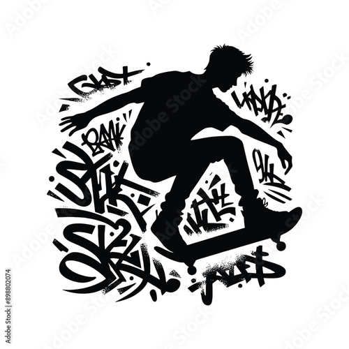 Skateboarding, longboarding  male player in graffiti tags, street art pattern illustration, emblem shield badge