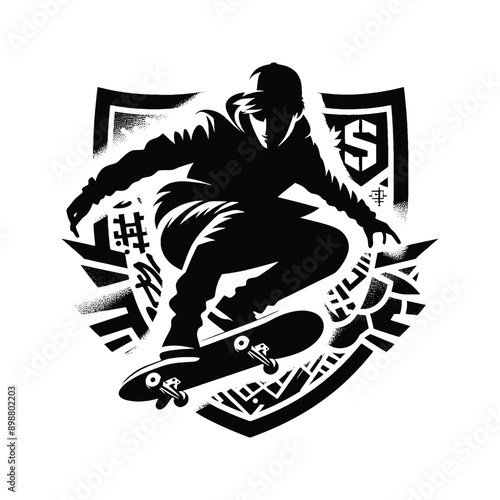 Skateboarding, longboarding  male player in graffiti tags, street art pattern illustration, emblem shield badge