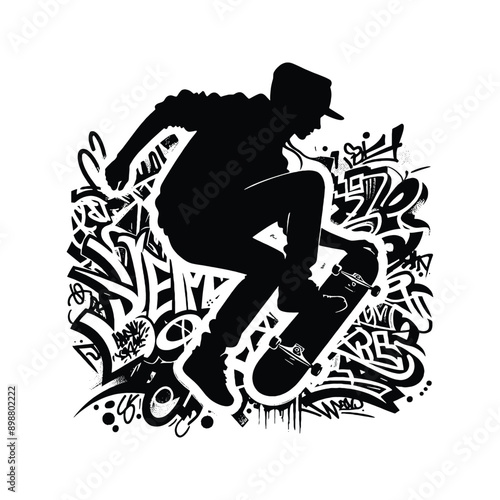 Skateboarding, longboarding  male player in graffiti tags, street art pattern illustration, emblem shield badge