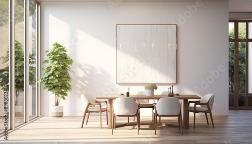 Bright contemporary dining room neutral palette with empty frame