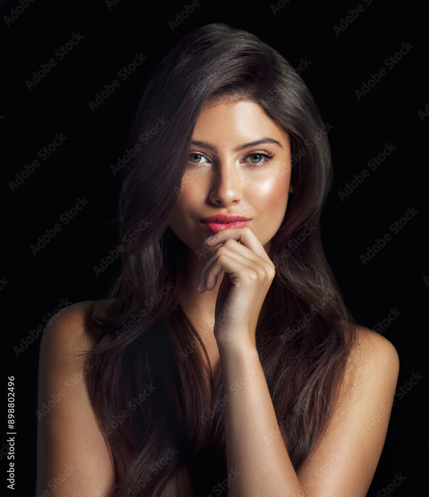 Portrait, hair care and woman with shine, glow and dermatology on black studio background. Face, person and model with treatment, aesthetic and grooming routine with texture, keratin and beauty