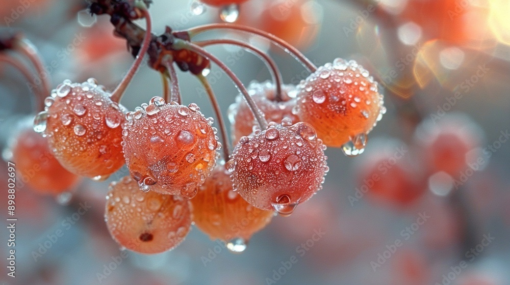 Close-up of juicy fruit on a leafy tree with droplets of water Close-up of juicy fruit on a leafy tree with droplets of water
