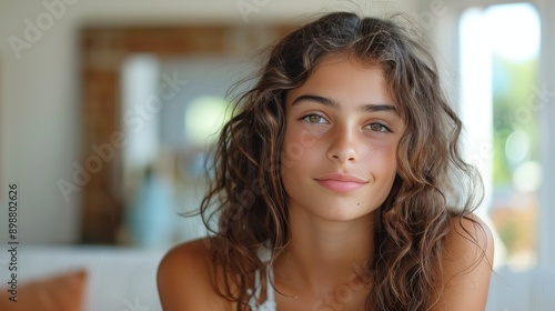 Beautiful Young Woman Sitting on Top of a Couch