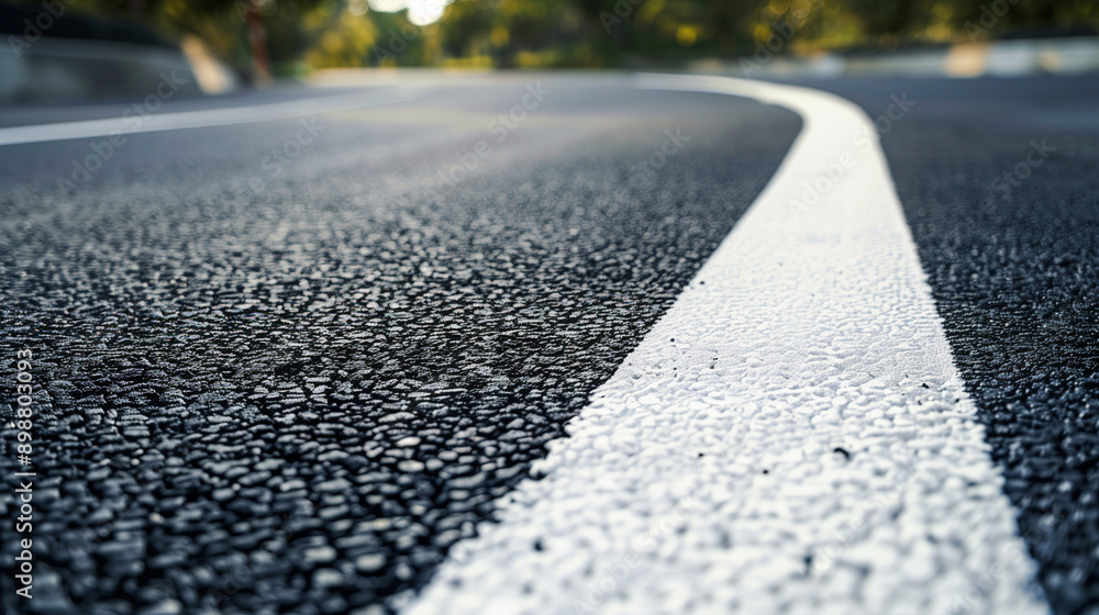 Fototapeta premium Low-angle shot of a curved road with freshly poured asphalt and bright white markings, highlighting road construction and urban development. Suitable for infrastructure and transportation themes.