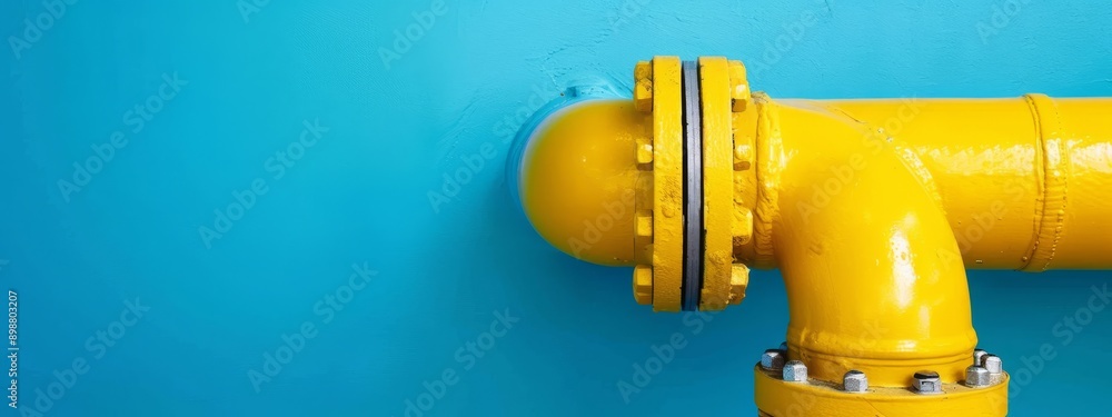 A yellow pipe affixes to a blue wall, adjacent to two sections – one blue, the other light blue A yellow pipe affixes to a blue wall, adjacent to two sections – one blue, the other light blue