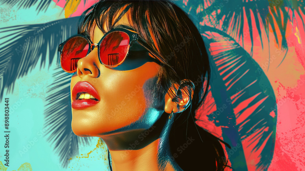Obraz premium pop art collage of a brunette model girl with peculiar sunglasses on a palm tree summer beach vibe background, colorful abstract theme concept, generative ai illustration
