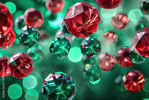 Abstract Christmas background with floating red and green crystal ornaments photo